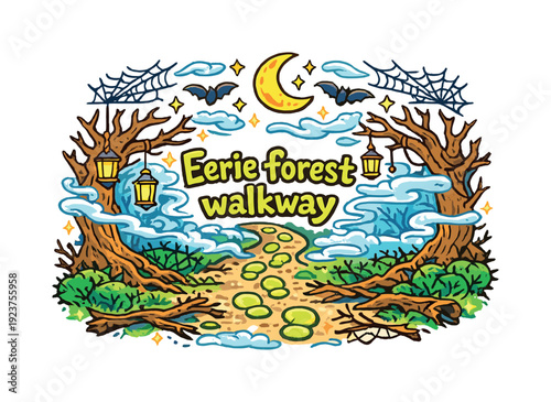 Eerie forest walkway. Hand-drawn doodle illustration of Eerie forest walkway. crooked trees,
