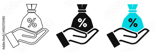Hand Holding Money Bag with Percentage Icon for Loan Cashback and Investment Concept
