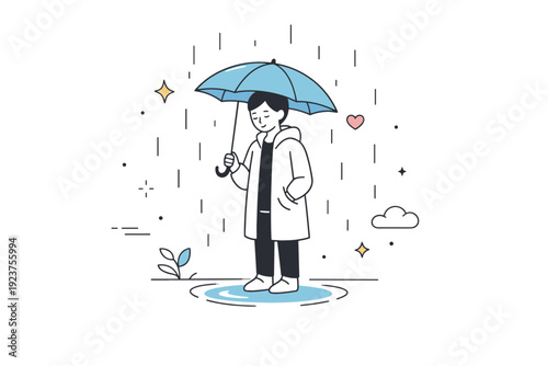 Weather as mood. Person standing under soft rain with an umbrella, gentle drops and calm posture. Quiet reflection and emotional softness shaped by weather.