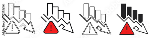 Financial Crisis and Market Crash Icon Set with Warning Sign and Falling Graph