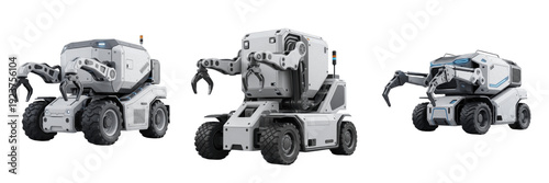 Title: Set of Futuristic Industrial Robotic Rovers with Claw Arm isolated on transparent png background oil paint