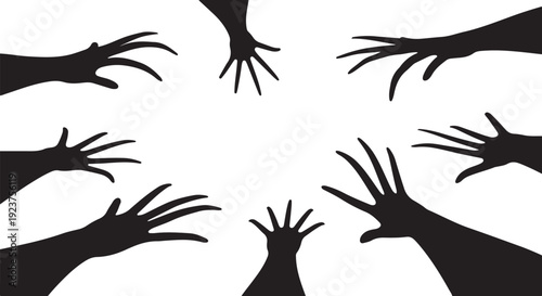 Silhouettes of multiple hands reaching up in the air
