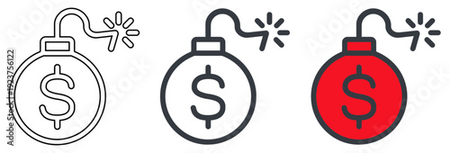 Financial Crisis and Money Bomb Concept Vector Icon Set for Economic Debt or Inflation Risk