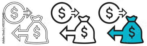 Financial Transaction Vector Icon Set with Money Bag and Dollar Coin for Investment and Banking