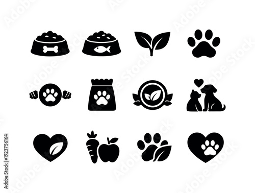 Vegan pet products. Filled icon set of Vegan pet products: dog food bowl, cat food bowl,