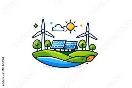 Green energy wind turbines and solar panels arranged in a small balanced landscape, conveying harmony between technology and nature. A modern