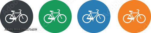 Vector illustration set of bicycle icons with circular backgrounds in gray, green, blue, orange decorative motifs