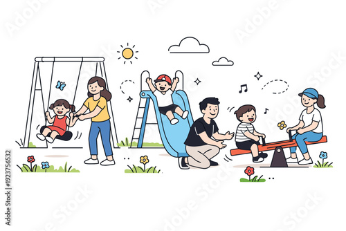 Spring family playground fun. A clean editorial scene with children and parents playing on swings, slides, and seesaws in a bright
