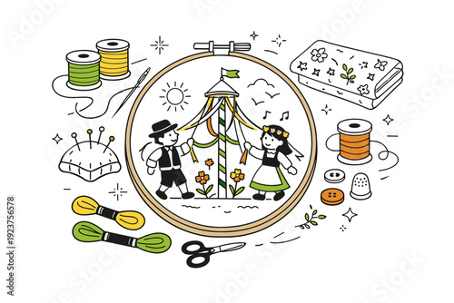 Spring Embroidery Scene. Hand-embroidered spring costume scene. Needlework details, threads, and patterned fabric arranged in a calm flat lay. Thoughtful