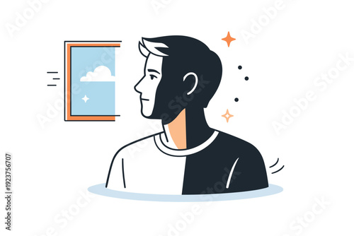 People half-lit faces. Person looking toward a window, one side of the face illuminated, the other in shade. Soft daylight suggesting reflection and inner