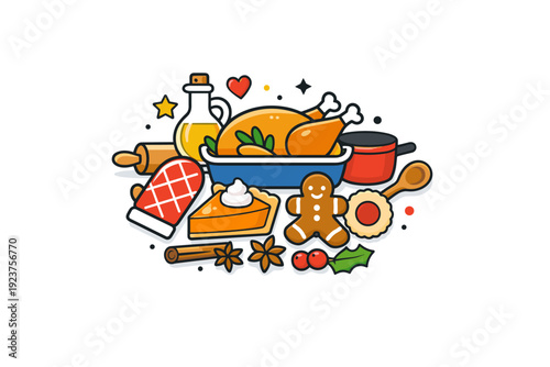 Traditional festive recipes and home cooking a small symbolic illustration of classic dishes, spices and kitchen tools forming a badge of