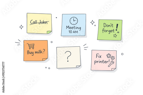 Old reminders left behind. Sticky notes remain on a whiteboard or cabinet after the urgency has passed, some faded, some irrelevant. The mood