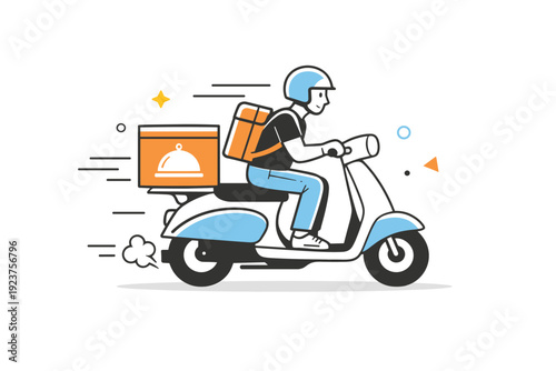 Courier on the way. A delivery courier riding a bike or scooter with a food box, expressing speed and reliability. Light motion lines and floating shapes