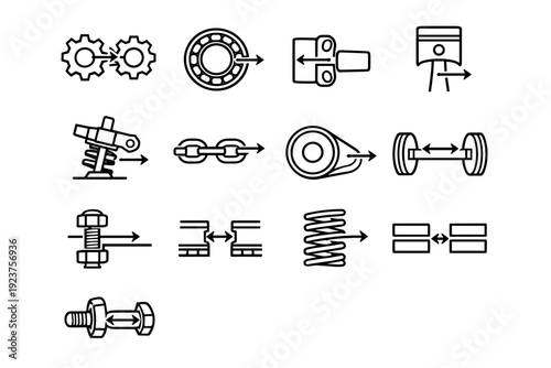 Mechanical Gaps. Line icon set of Mechanical Gaps: gear spacing, bearing gap, hinge clearance, piston gap, valve gap, chain slack, belt clearance, axle gap,