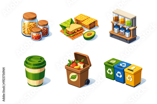 Zero waste habits. Isometric flat vector icons set of zero waste habits: glass storage jars, beeswax food wraps, refill station unit,