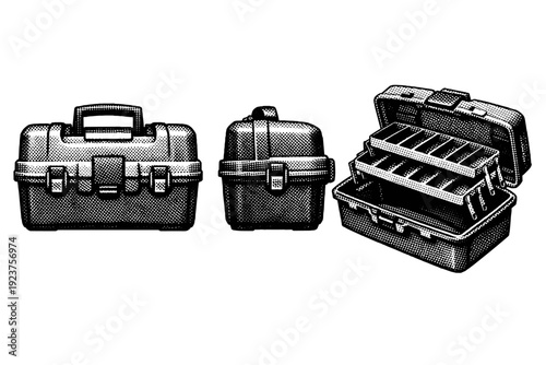 Fishing tackle box represented as one object shown in three views: closed front view, side view, and open angled view emphasizing box depth