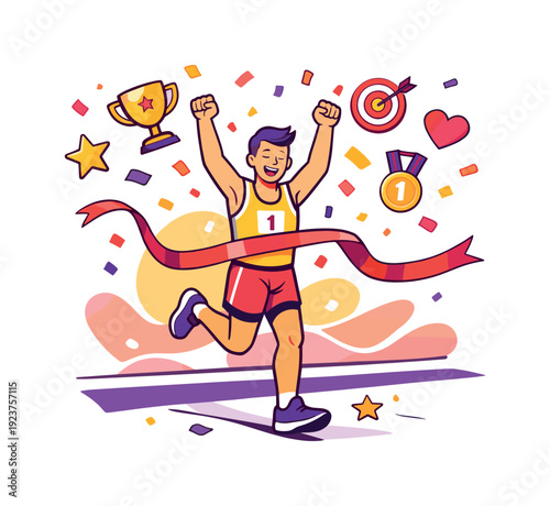 Crossing the finish line. A runner breaks the tape with arms raised, confetti and