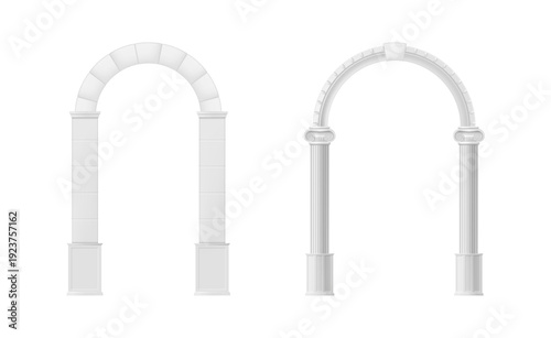 Ancient arch door frames, doorways and gateway. Vector greek or rome architectural brick or marble interior construction. Columns architecture with arcs of Medieval temple or palace passageways