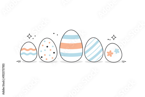 Minimal Easter celebration illustration. Simple geometric eggs with soft patterns and gentle color accents are placed with plenty of white space. The scene
