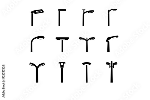 Modern Street Lamps. Solid icon set of modern street lamps: LED streetlight, minimalist lamp post, smart city light, slim light pole, contemporary lamp design,