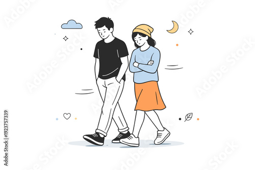 Silent Companionship Walk. Between conversations. People walking together, not speaking, with thoughtful body language and soft motion lines. Comfortable