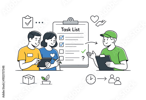 Volunteer task coordination. A small group reviewing a task list on paper or tablet, assigning and organizing help efforts. Calm productive