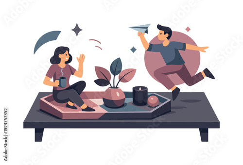 Modern interior surface. Coffee table with geometric tray, plant, and minimal decor, strong