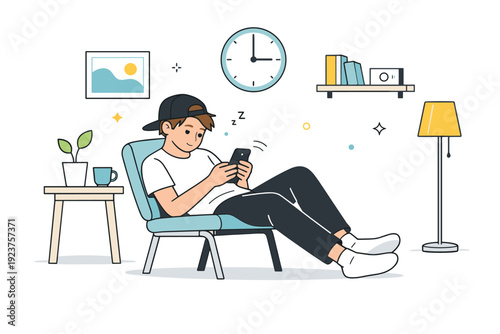 Everyday boredom realism. Teen slouched on a chair scrolling a phone, soft neutral room around, expression calm but disengaged. Ordinary,