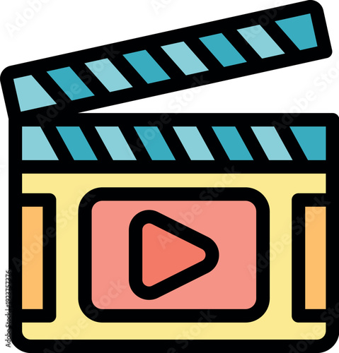 Open clapperboard with play button symbolizes video production, filmmaking, and online content creation