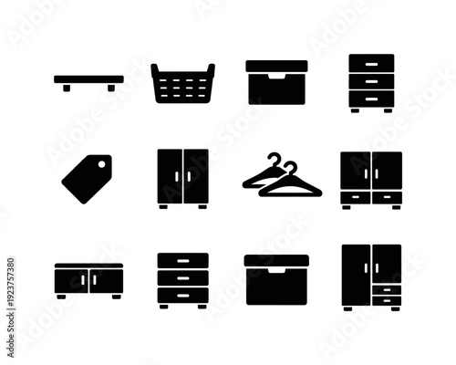 Minimalist home setup. Filled icon set of Minimalist home setup: shelf, basket, storage box,
