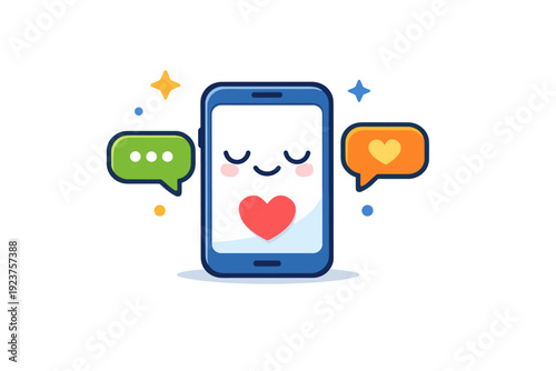Mental health support apps a friendly smartphone interface with a heart icon and calm facial expression, surrounded by gentle chat bubbles