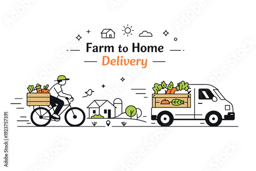 Eco-Friendly Delivery. Farm-to-home delivery. A bicycle or small van transporting vegetable boxes through a quiet street. Slow logistics and eco-friendly