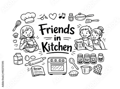 Friends in Kitchen. Hand-drawn doodle illustration of Friends in Kitchen. smiling friends,