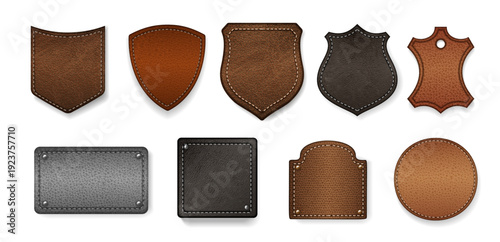 Leather patches of different shapes and types. Vector realistic geometric shaped badges from skin with seams and metal rivets. Calfskin material samples, isolated textile frame cutouts