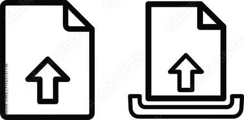Vector illustration set of upload icons with document and upward arrow, tray platform, file transfer design decorative motifs