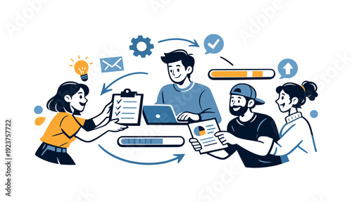 Execution and collaboration. Team members working together, passing tasks and updating