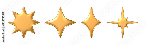 Stars in Y2K style with metal glossy 3D texture. Vector isolated shiny shapes with pointed and rounded tips. Realistic metallic decorative elements for retro design, digital and festive artworks