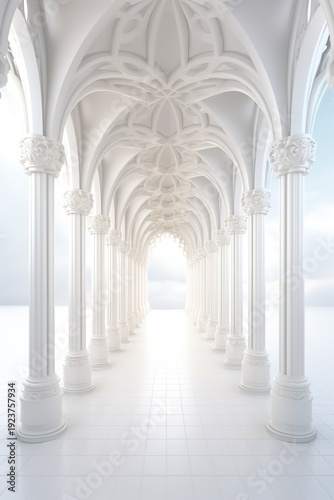 A long hallway stretches ahead with tall white arches on both sides. The light from the end of the hallway brightens the space, creating a sense of openness and depth