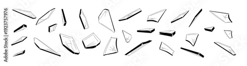 Broken glass pieces with scattered fragments. Vector isolated set of shards fragments in grunge style. Accidents, damage or urban destruction elements. Irregular shaped splinters collection