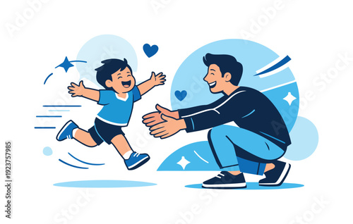 Joyful Family Reunion. Joyful reunion. A child runs into a parent?s arms, feet lifted off the ground, energy