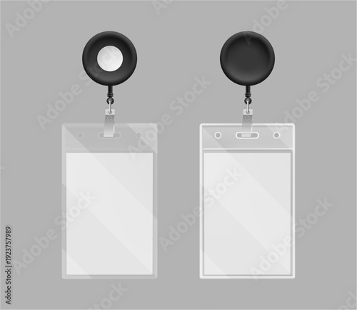 Vertical badge card mockups with round metal holder. Vector realistic glossy plastic identification card with circular clip for attachment. Corporate ID, security pass or event access template