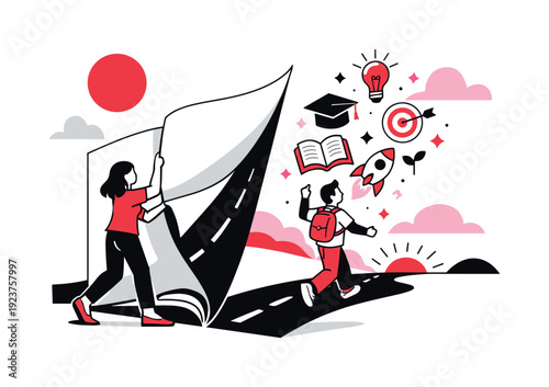 Journey of Growth. Fresh chapter. Turning a large page that transforms into a road ahead, symbols of growth