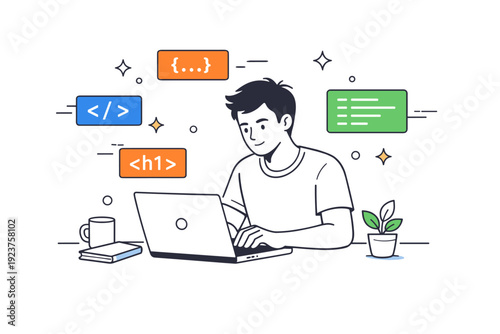 IT specialist coding. A concentrated IT professional writing code on a laptop, abstract floating code snippets and small stars emphasizing