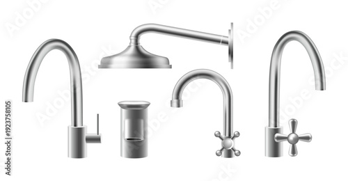 Toilet faucet collection. Vector realistic taps in various styles. Modern and classic, single handle designs of spout. Handles and knobs made of chrome or stainless steel finishes, interior
