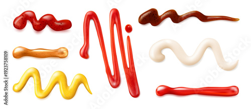 Caramel drops, ketchup and mayonnaise, soy sauce or bbq for fastfood. Vector in realistic style, tasty addition to food. Mustard and mayo paste for dishes, swirls and waves, drips on surface