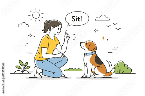 Outdoor mindful pet training. A person calmly practicing commands with a pet in a simple outdoor setting, showing relaxed learning in nature.