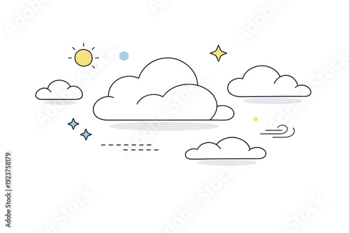 Cloud formations minimal. Editorial-style scene with soft abstract cloud shapes floating calmly in open space, emphasizing lightness and clarity. The mood