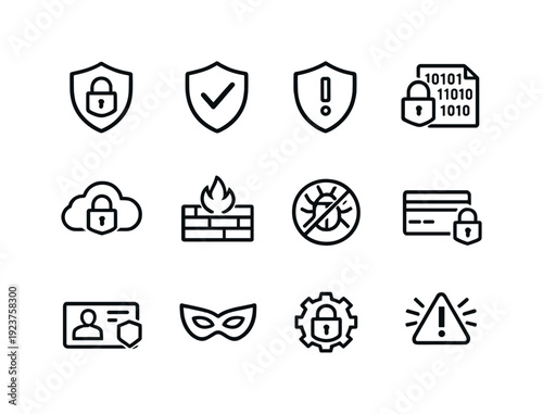 Security protection icons. Line outline icon set of Security protection icons: shield lock,