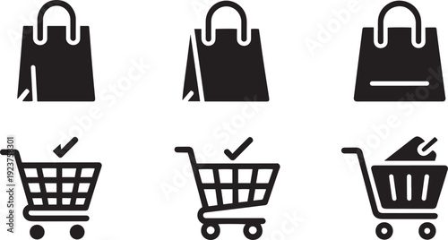 Set of three reusable shopping bags and cart icons with eco friendly symbols
