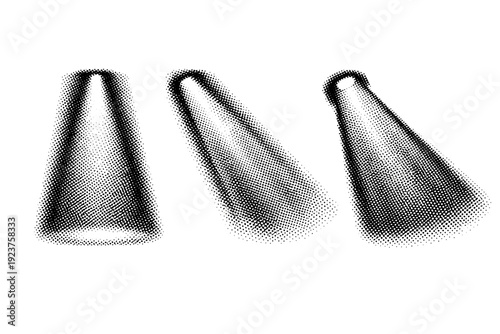Stage spotlight light cone object shown in three views including front view, side view, and three-quarter view focusing on directional spread